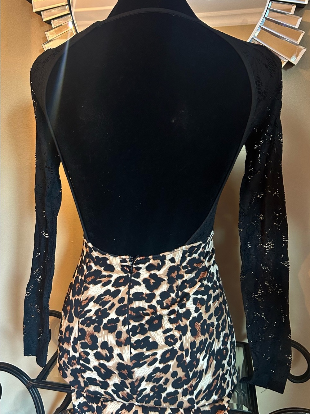 Black Long-Sleeve Open-Back Lace Dress with Leopard Accent